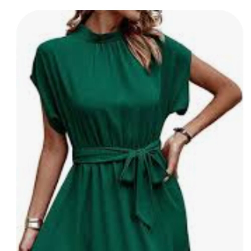 Emerald Green Mock Neck Dress with Belt | Size XL